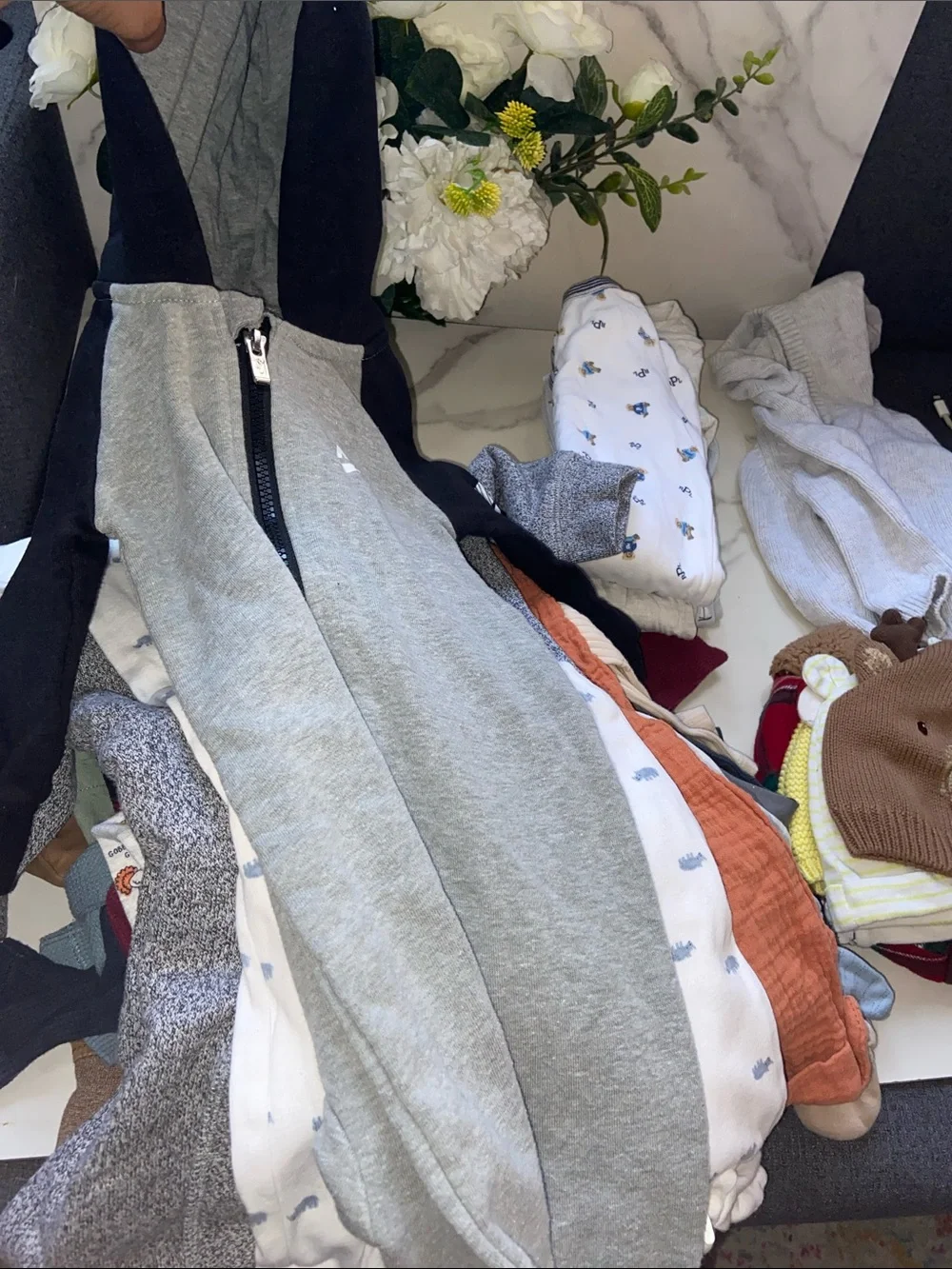Baby Basics Mostly Carter's Hats,sweaters,Pants with Mixed Onesies sizes 6-12 mo